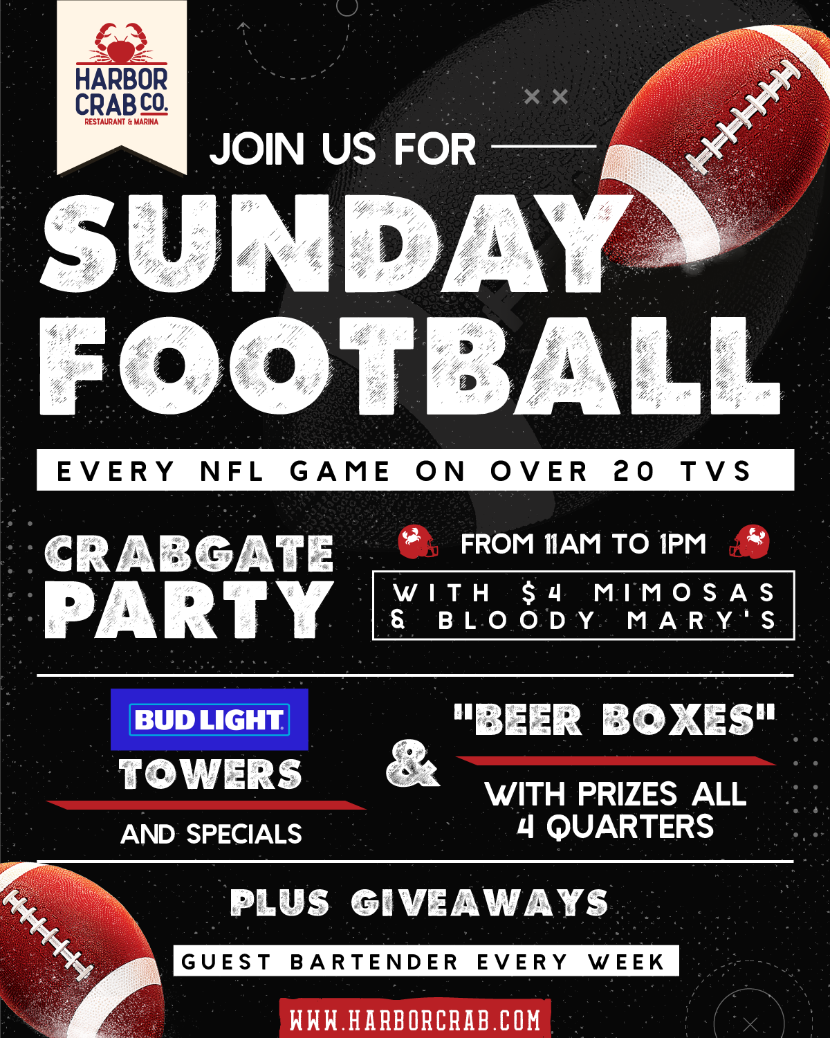 Flyer for Sunday Football at Harbor Crab on Sunday, September 11th