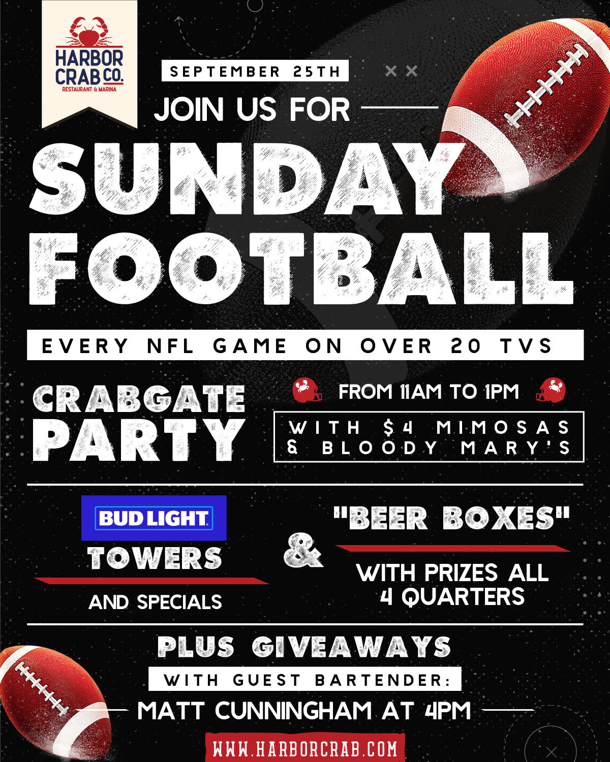Flyer for Sunday Football on September 25th at Harbor Crab