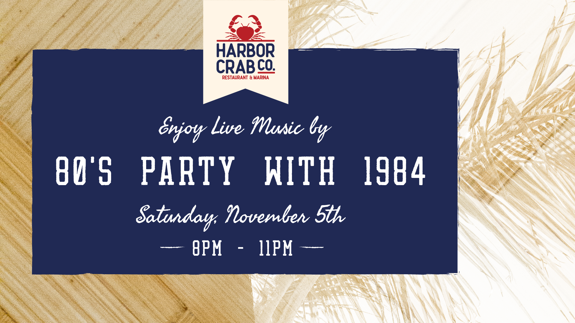 80s Party Flyer for Saturday, November 5th at Harbor Crab