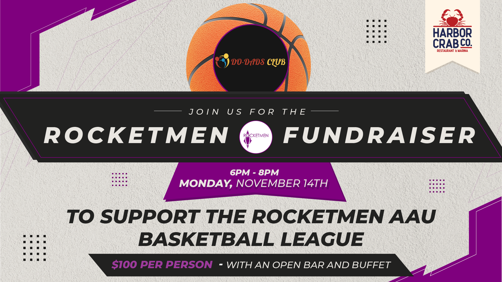 Rocketmen Fundraiser Flyer for Monday, November 14th at Harbor Crab