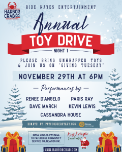 Flyer for Toy Drive at Harbor Crab on Nov 29th