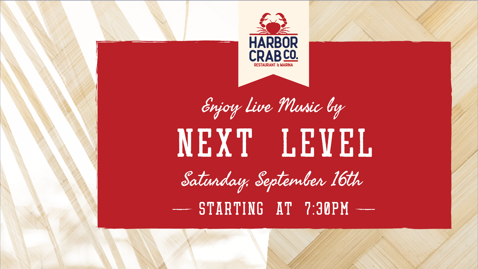 Live Music with Next Level on Saturday, September 16th at 7:30pm.