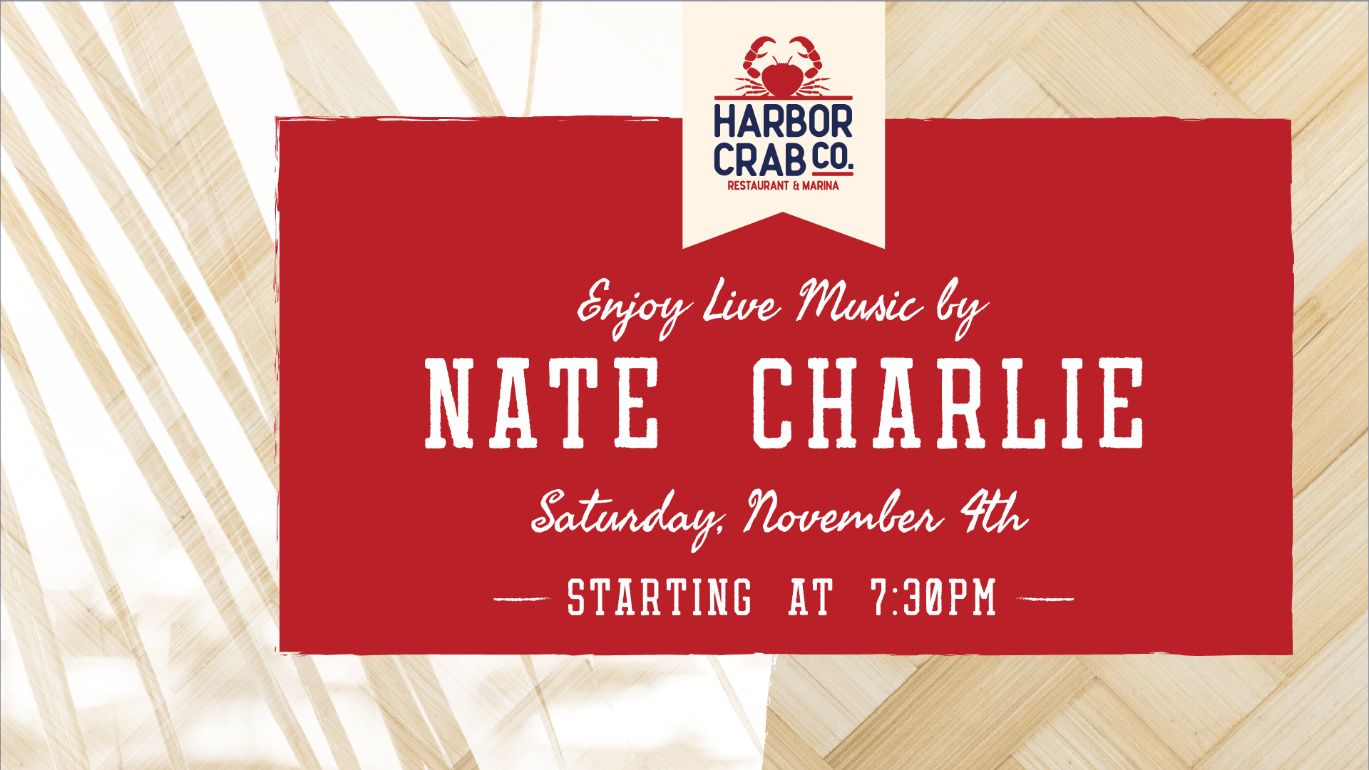 Live music with Nate Charlie on Saturday, November 4th at 7:30pm.