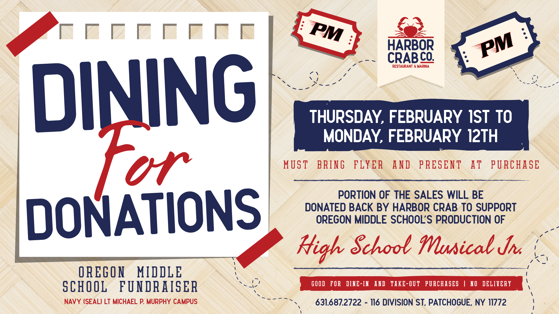 Harbor Crab's Dining for Donations for High School Musical Jr. from Feb. 1st to Feb. 12th