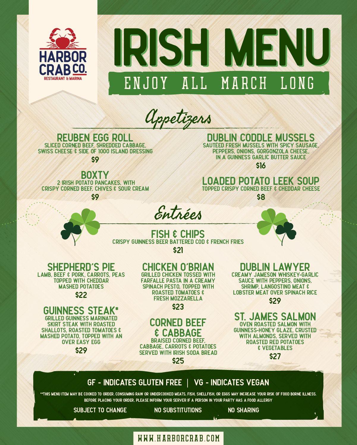 An Irish-themed menu from Harbor Crab featuring appetizers like Reuben Egg Roll and Dublin Coddle Mussels, and entrees such as Fish & Chips, Shepherd's Pie, and Guinness Steak, with a note that GF indicates gluten-free options, VG indicates vegan, and advising customer discretion for food allergies.