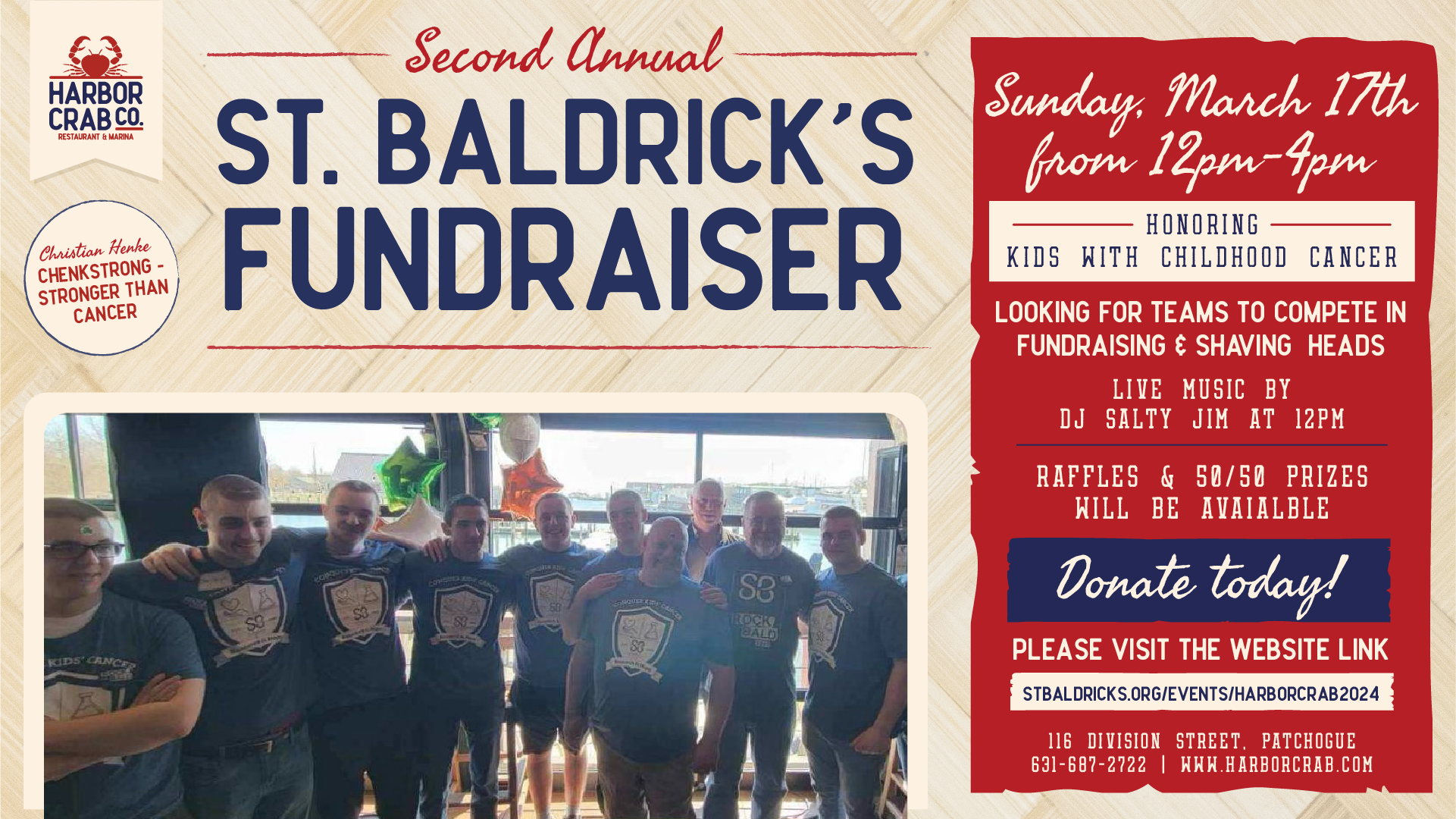  Harbor Crab Co.'s Second Annual St. Baldrick's Fundraiser event, featuring a group of smiling people with shaved heads, event details, and a call to donate for childhood cancer.