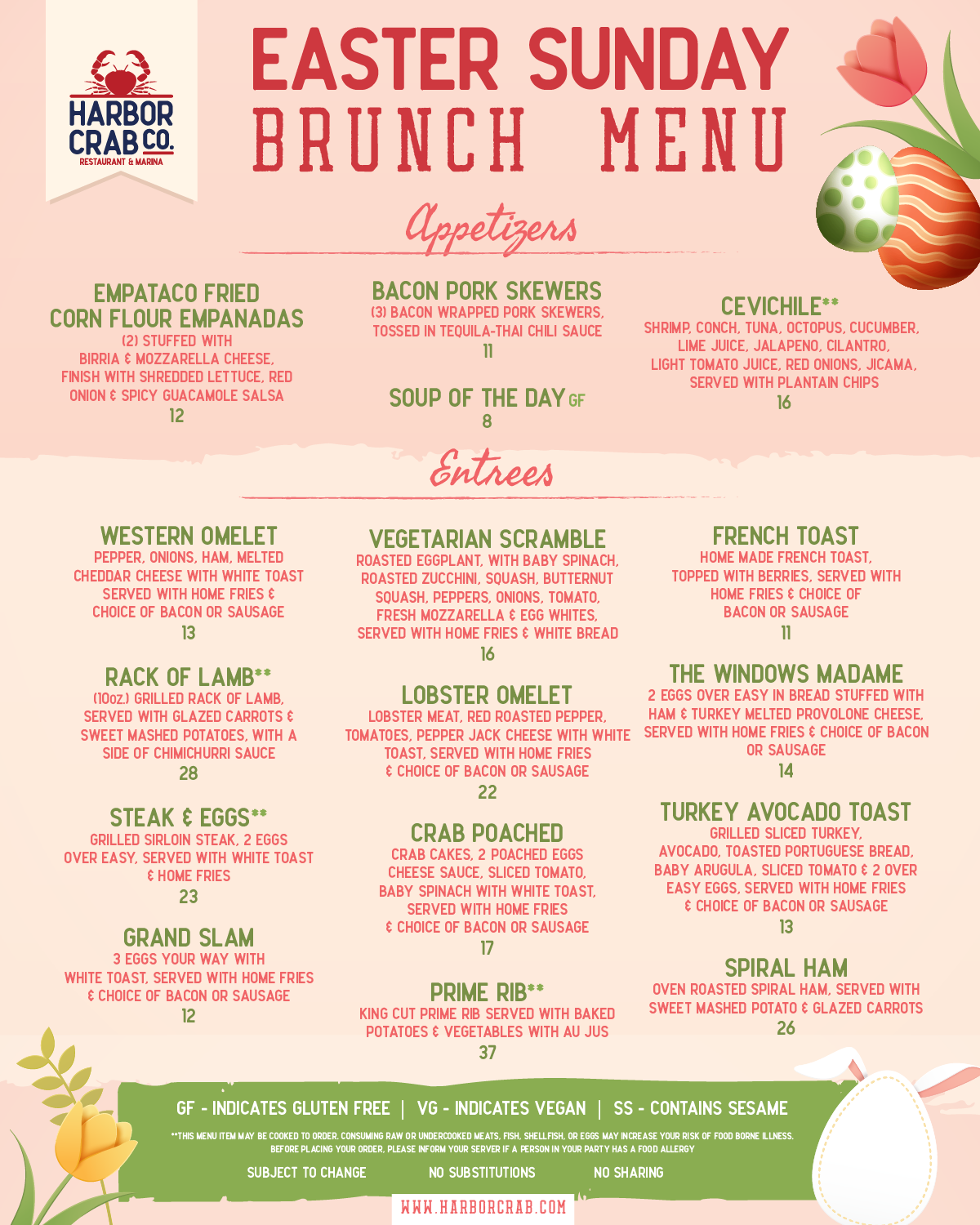 A colorful Easter Sunday Brunch Menu from Harbor Crab Co., featuring appetizers such as Bacon Pork Skewers and EMPATACO Fried Corn Flour Empanadas. Entrees offer a variety including Western Omelet, Vegetarian Scramble, French Toast, Rack of Lamb, Lobster Omelet, Crab Eggs Poached, and more. Breakfast classics are presented alongside unique creations, with a special mention of gluten-free and vegan options. The menu design includes spring flowers and painted Easter eggs, creating a cheerful holiday mood.