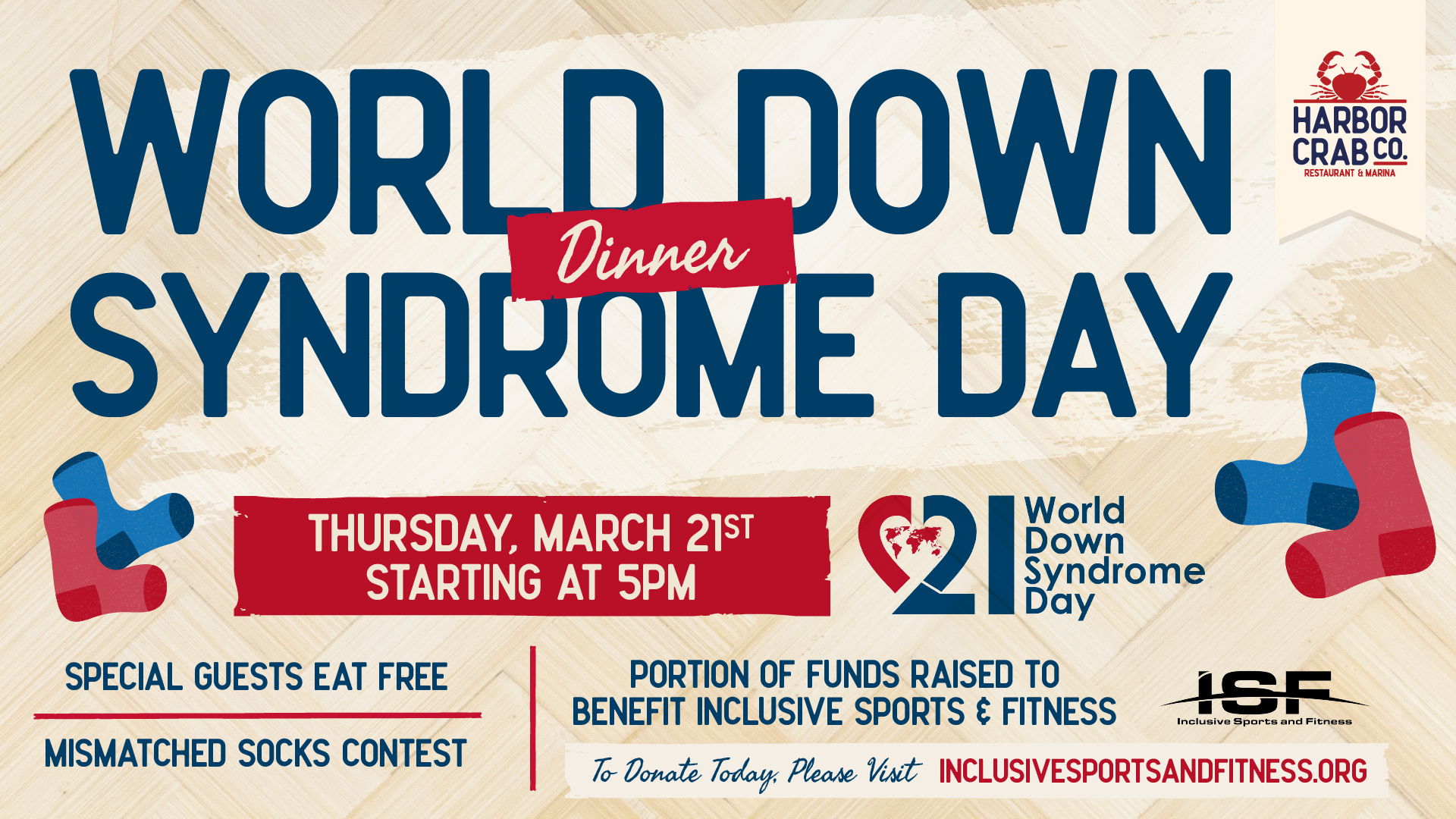 A promotional banner for World Down Syndrome Day Dinner at Harbor Crab Co., highlighting special offers, a socks contest, and a charity fundraiser.